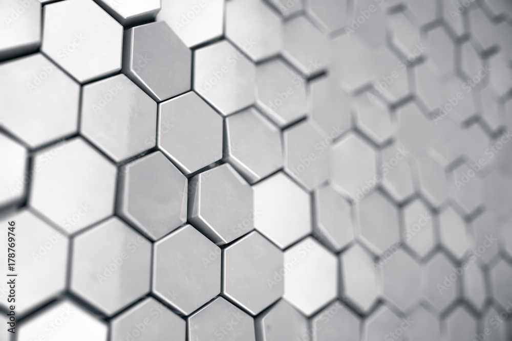 Silver abstract hexagonal background with depth of field effect. Structure of a large number of hexagons. Steel honeycomb wall texture, shiny hexagon clusters background, 3D rendering