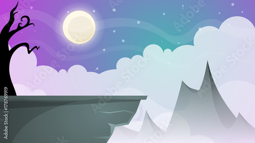 Travel night cartoon landscape. Tree  mountain  comet  star  moon road illustration Vector eps 10