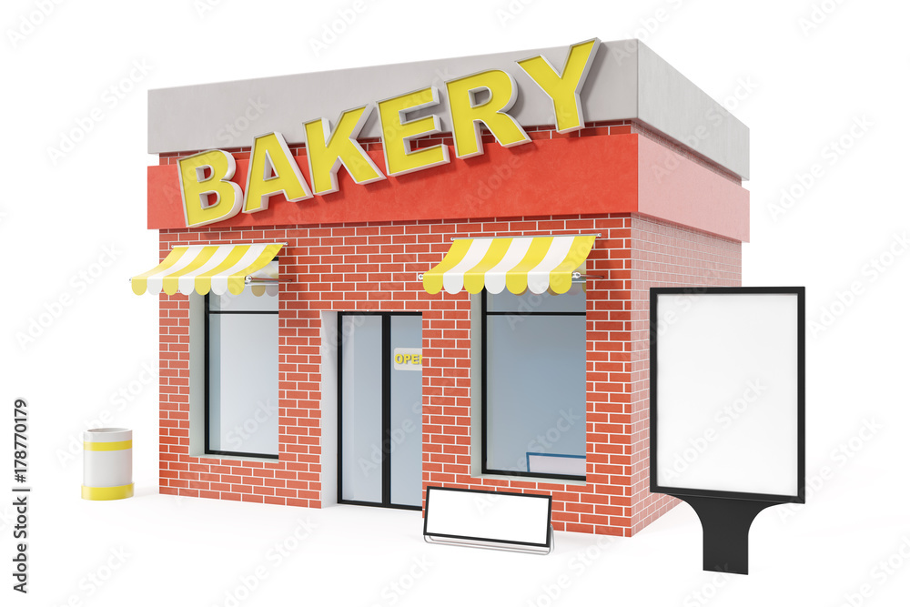 Bakery Store with copy space board isolated on white background. Modern shop buildings, store facades. Exterior market. Exterior facade store building, 3D rendering Bakery Store with copy space board isolated on white background. Modern shop buildings, store facades. Exterior market. Exterior facade store building, 3D rendering