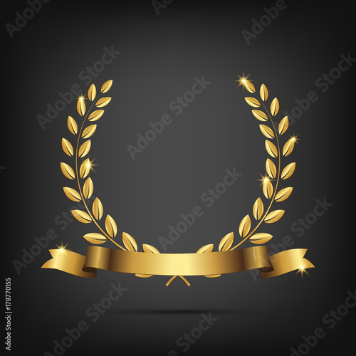 Golden laurel wreath with ribbon isolated on dark background. Vector design element.