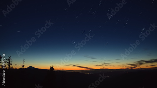 Hood River Lights and Mt. Adams Night Sky Star Trails Over Oregon