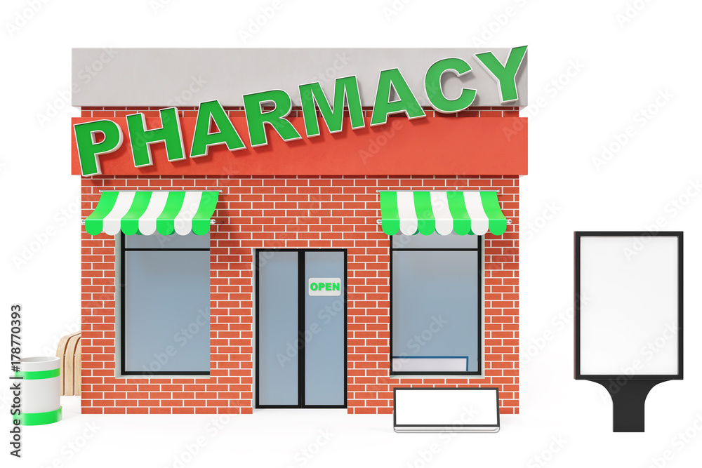 Pharmacy Store with copy space board isolated on white background. Modern shop buildings, store facades. Exterior market. Exterior facade store building, 3D rendering Pharmacy Store with copy space board isolated on white background. Modern shop buildings, store facades. Exterior market. Exterior facade store building, 3D rendering