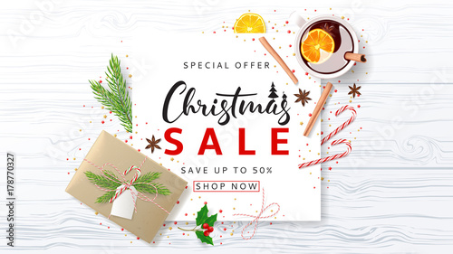 Beautiful banner for Christmas Sale. Festive Composition with Paper Gift Box and Xmas Symbols for Happy New Year on Wooden Texture. Vector Illustration with Promo Discount Offer. Greeting Card.