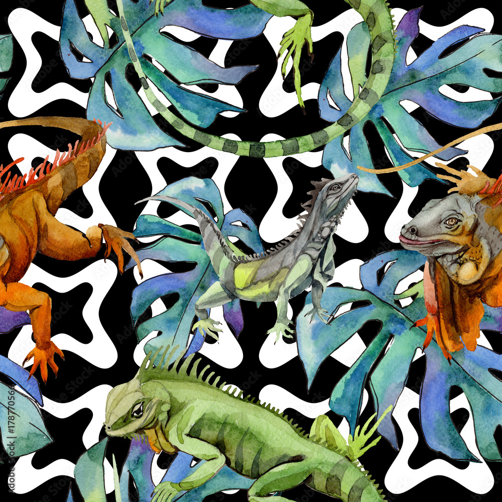 Exotic iguana pattern in a watercolor style. Full name of the reptilian