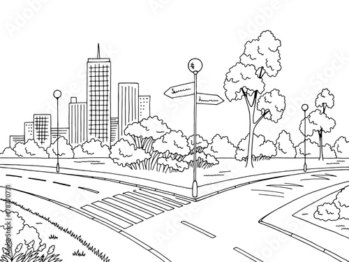 Street road graphic black white city landscape sketch illustration vector