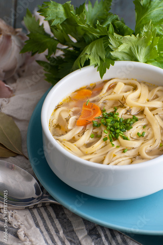 Chicken soup with homemade noodles..