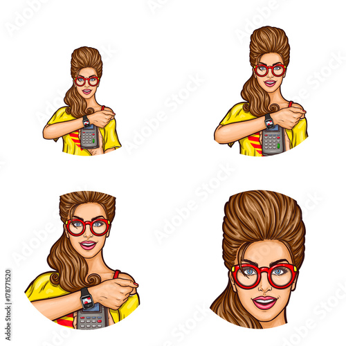 Set of vector pop art round avatar icons for users of social networking, blogs, profile icons. Young brunette girl in a red hat and glasses demonstrates the ease of using electronic payments with