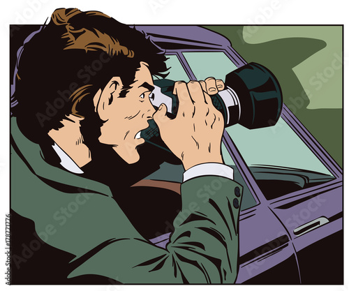 Man takes pictures from car window Stock illustration.