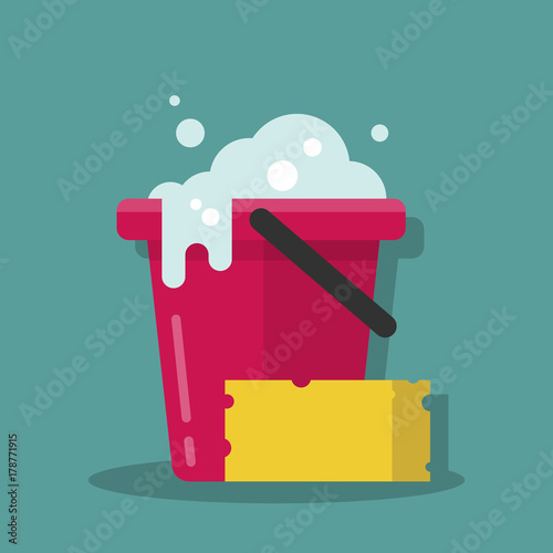 Plastic bucket with foam and a sponge for cleaning. Cleanin equipment. Vector illustration in a flat cartoon style.