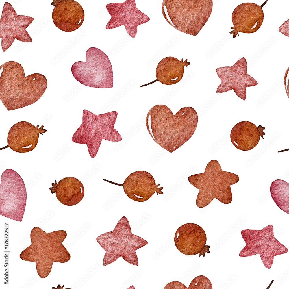 Watercolor winter seamless pattern. Pattern with winter berries, hearts, stars. Perfect for you postcard design,invitations,projects,wedding card,poster, packaging.