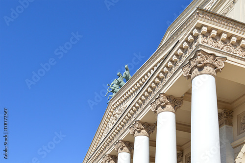 View of Bolshoi Theatre with blue sky on the background,Moscow, Russia, symbol of Russian ballet and cultural landmark