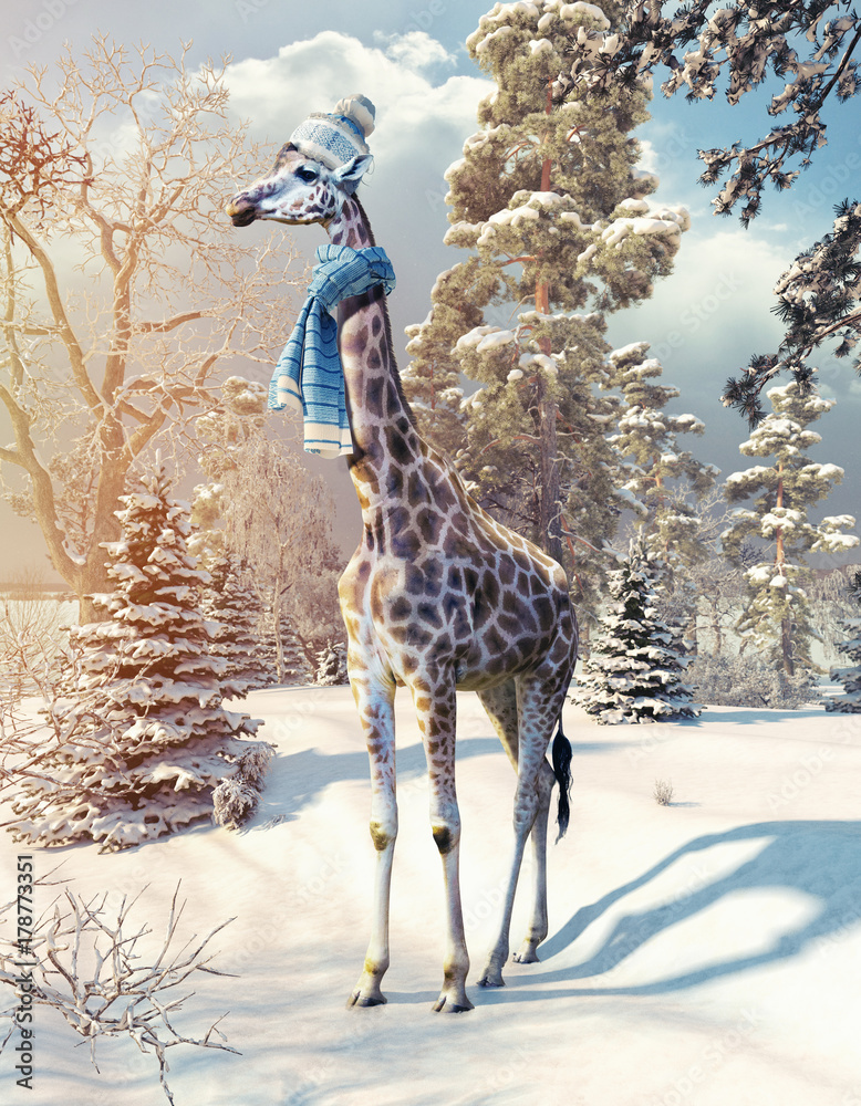 Fototapeta premium żyrafa w zimowym lesie