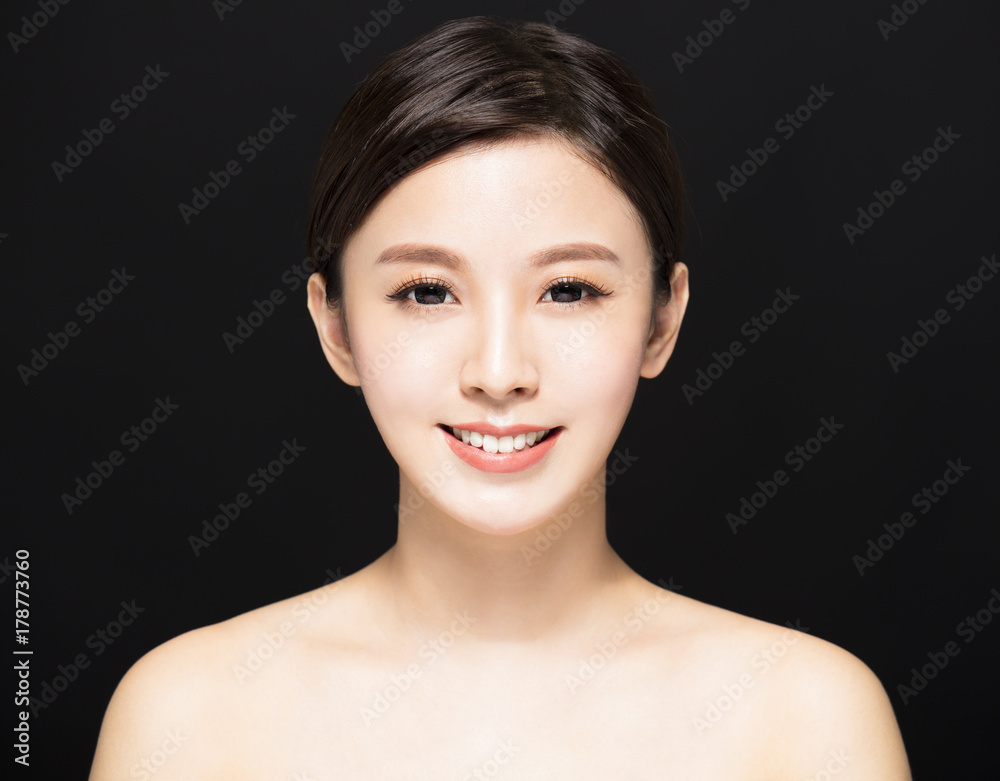 closeup Beauty woman face isolated on black background.