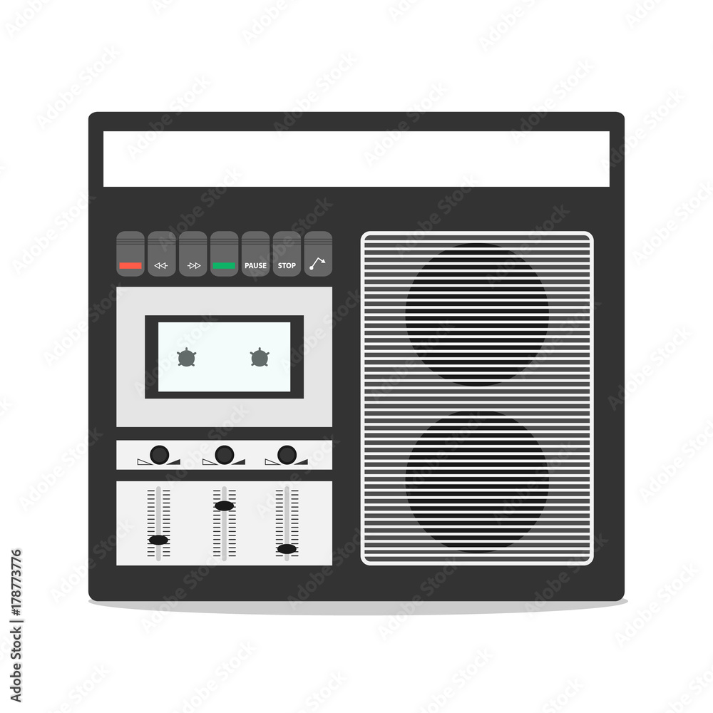 Retro tape recorder. Cassette tape recorder with shadow.