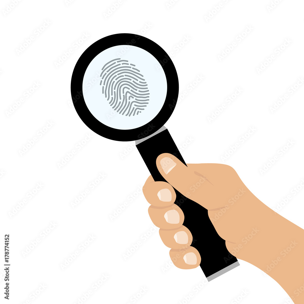 A hand with a magnifying glass looks at the fingerprint. A hand with a magnifying glass looks at the fingerprint.