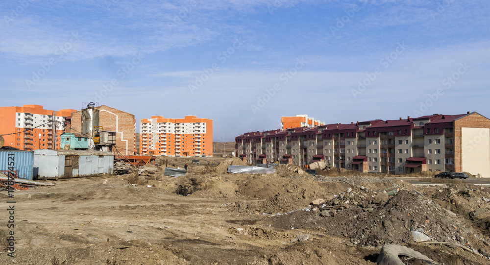 Newly built residential buildings. Construction site. New buildings area