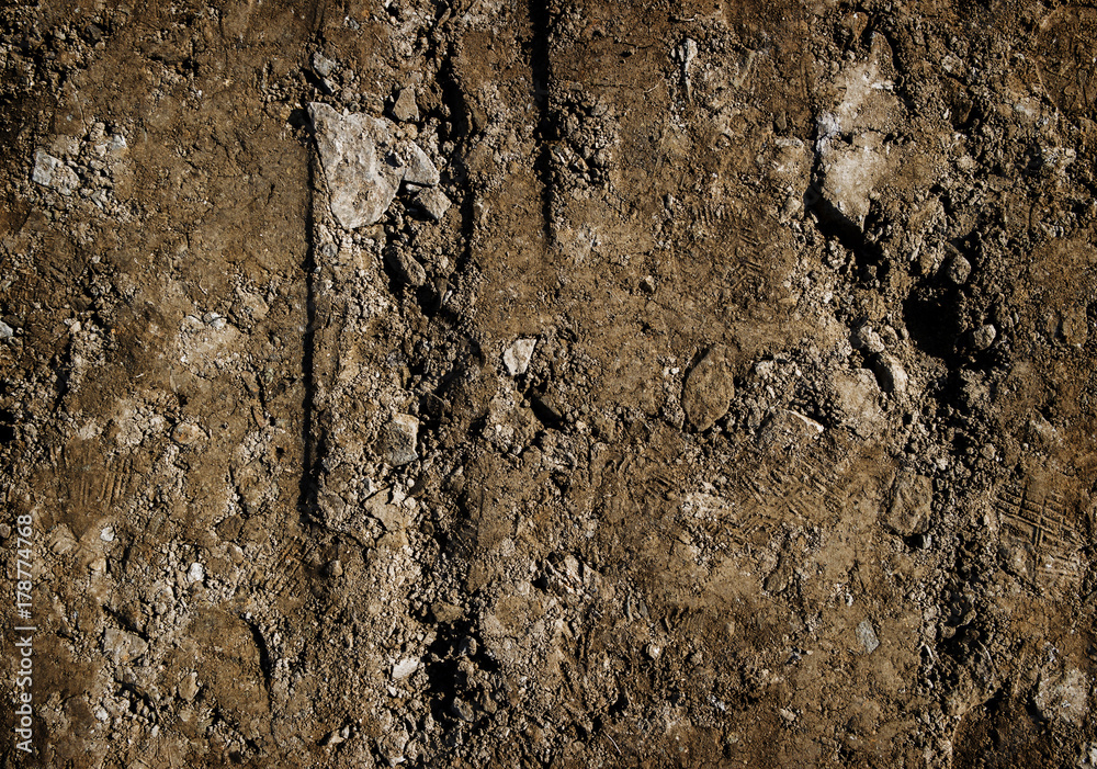 Brown soil texture background. Abstract nature backdrop. Ground with footprints Brown soil texture background. Abstract nature backdrop. Ground with footprints