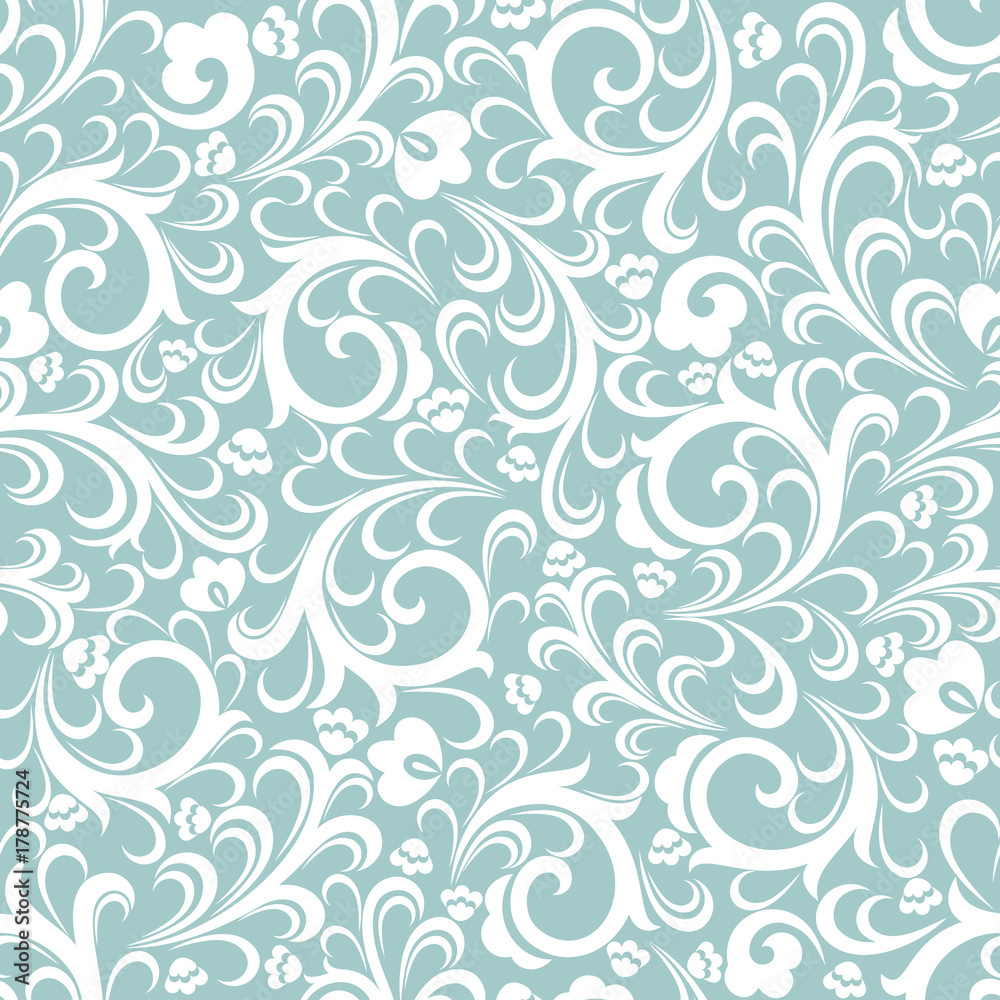 Seamless turquoise background with white pattern in baroque style. Vector retro illustration. Ideal for printing on fabric or paper.