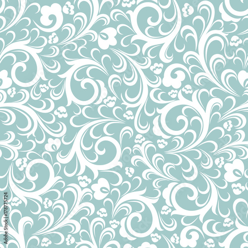 Seamless turquoise background with white pattern in baroque style. Vector retro illustration. Ideal for printing on fabric or paper. © bulbbright