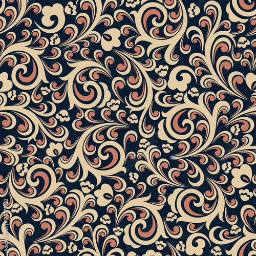 Seamless black background with terracotta and beige pattern in baroque style. Vector retro illustration. Ideal for printing on fabric or paper.