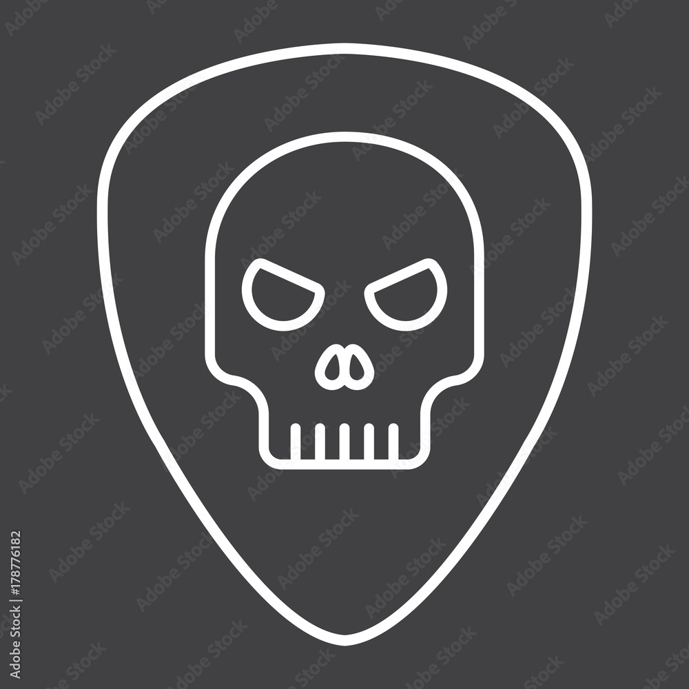 Guitar pick with skull line icon, music and instrument, skull sign vector graphics, a linear pattern on a black background, eps 10.
