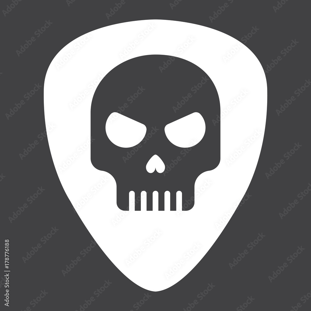 Guitar pick with skull glyph icon, music and instrument, skull sign vector graphics, a solid pattern on a black background, eps 10.