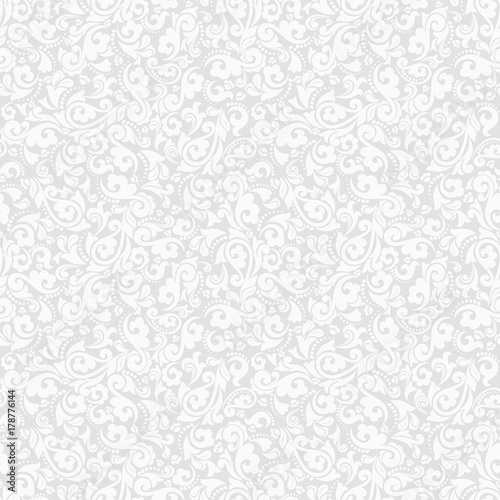 Seamless grey background with white pattern in baroque style. Vector retro illustration. Ideal for printing on fabric or paper.