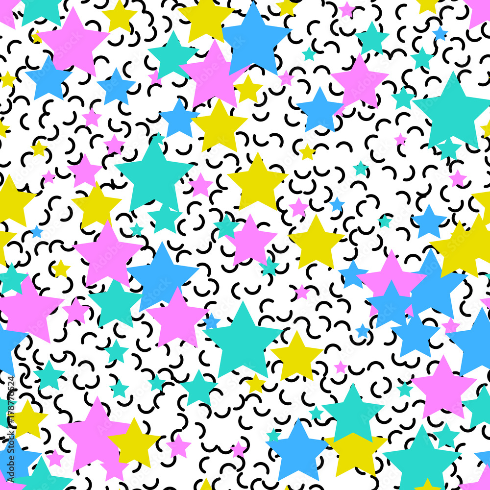 Flat colored stars. Seamless pattern, abstract background. Vector