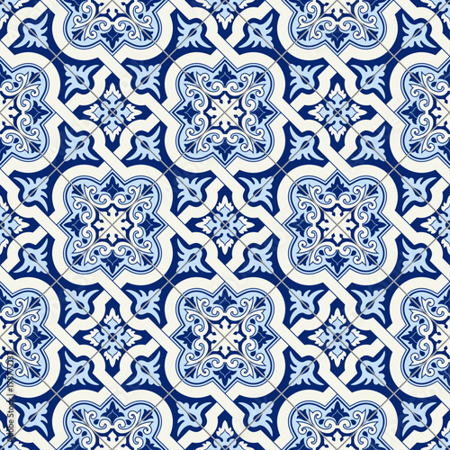 Gorgeous seamless pattern white blue Moroccan, Portuguese tiles, Azulejo, ornaments. Can be used for wallpaper, pattern fills, web page background,surface textures. photo