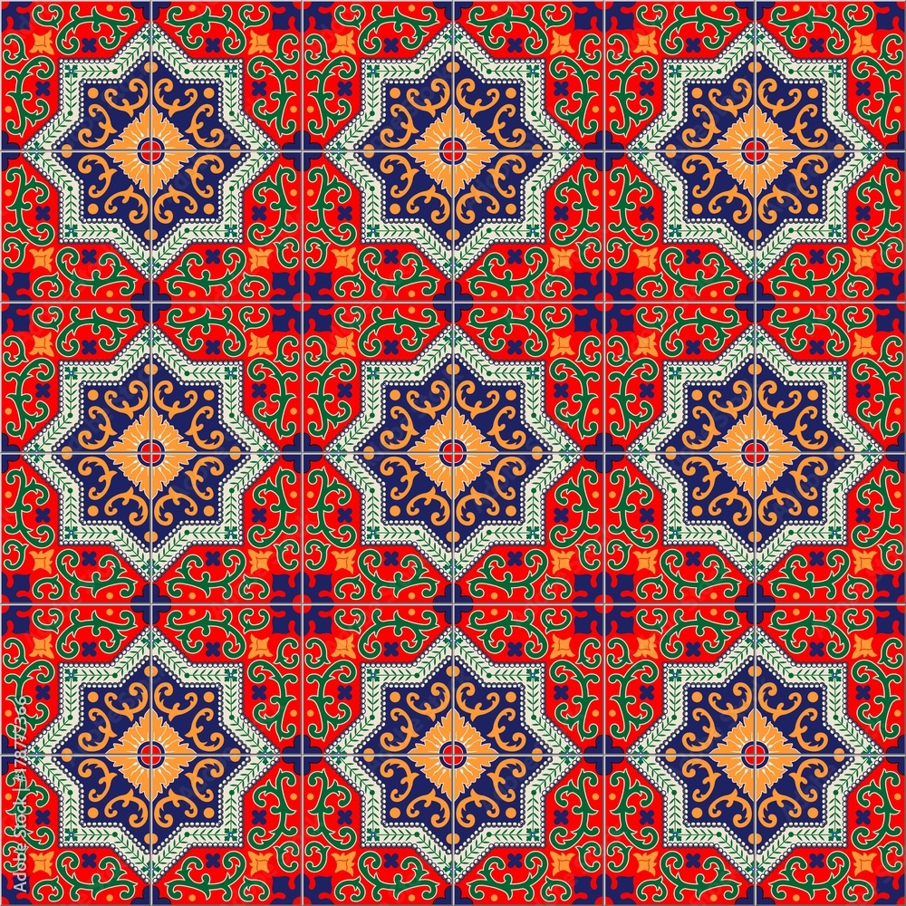 Gorgeous seamless pattern white colorful Moroccan, Portuguese tiles, Azulejo, ornaments. Can be used for wallpaper, pattern fills, web page background,surface textures.
