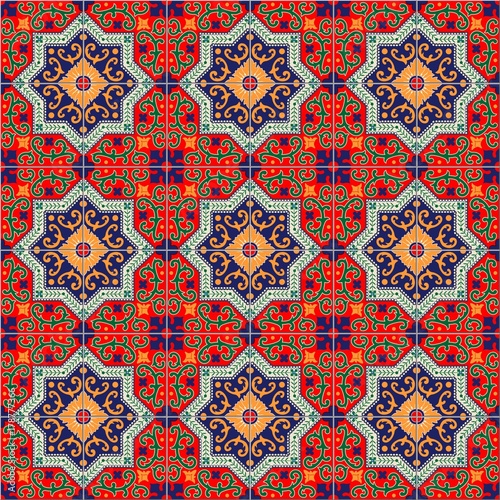 Gorgeous seamless pattern white colorful Moroccan, Portuguese tiles, Azulejo, ornaments. Can be used for wallpaper, pattern fills, web page background,surface textures.