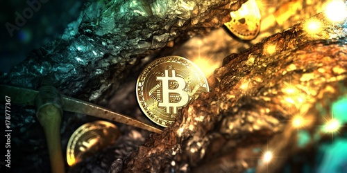 Golden bitcoin mining in deep golden cave with Pickaxe and some coin. - 3d illustration. photo
