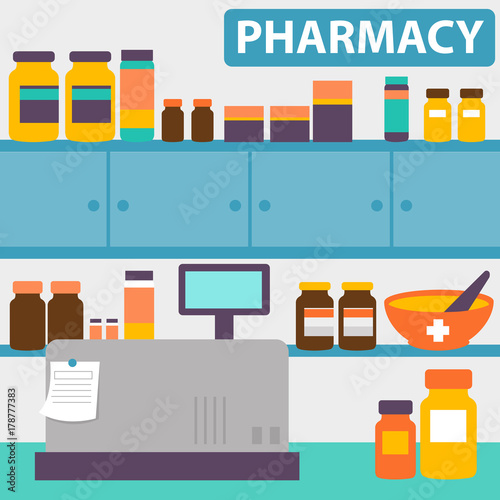 Pharmacy interior with cash register on the counter and shelves with medicines. Vector illustration background