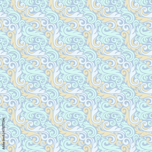 Seamless blue background with pattern in baroque style. Vector retro illustration. Ideal for printing on fabric or paper.