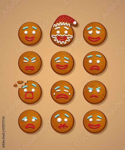 Set of gingerbread man faces. Vector Christmas and New Year holiday elements.