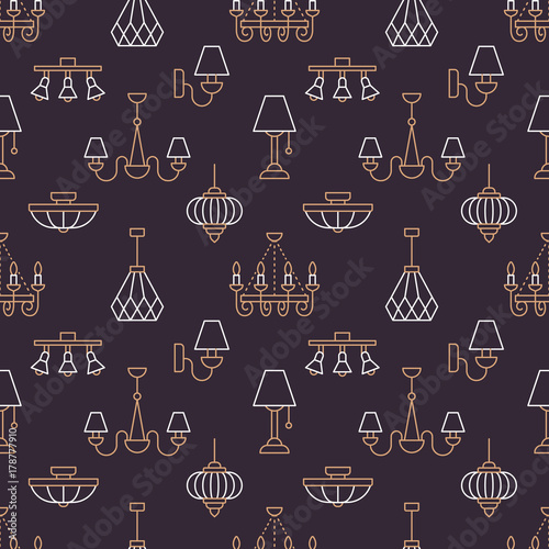 Light fixture, lamps seamless pattern, line illustration. Vector icons of home lighting equipment - chandelier, table lamp, power socket. Dark repeated background for interior store.