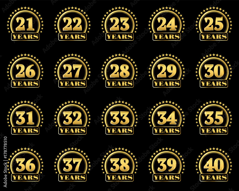 Set of gold numbers from 21 to 40 and the word of the year decorated with a circle of stars. Vector illustration.