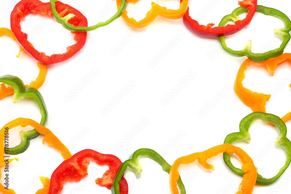 sliced sweet bell pepper isolated on white background. top view