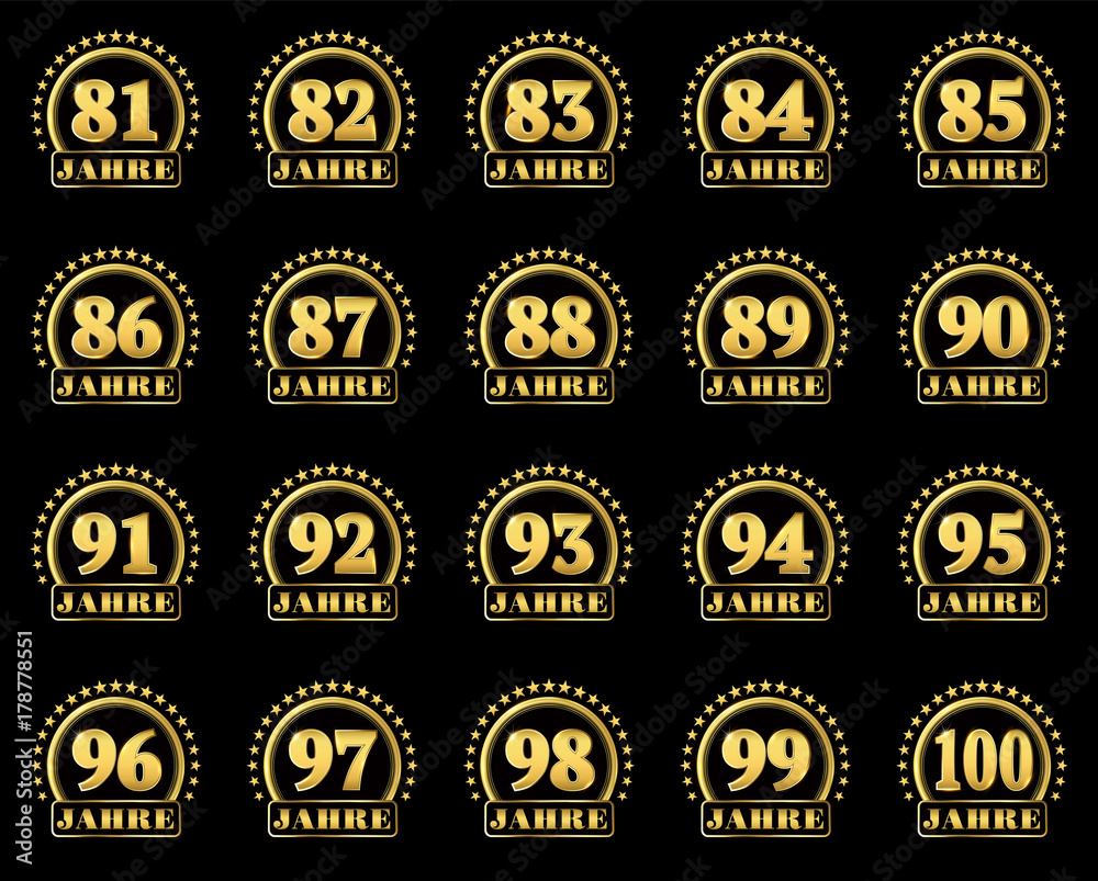 Set of gold numbers from 81 to 100 and the word of the year decorated with a circle of stars. Vector illustration. Translated from German - Years