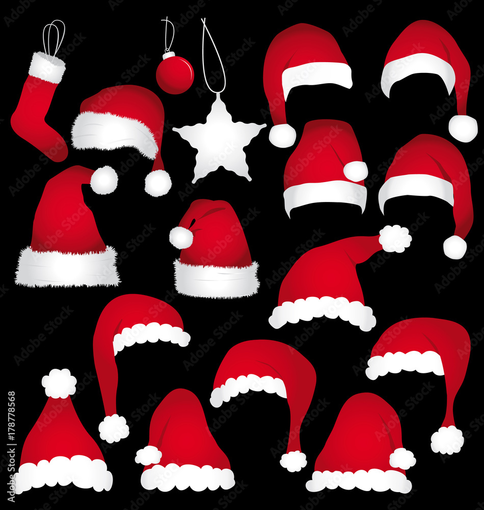 Different styles of santa caps isolated on black background. Vector christmas set.	