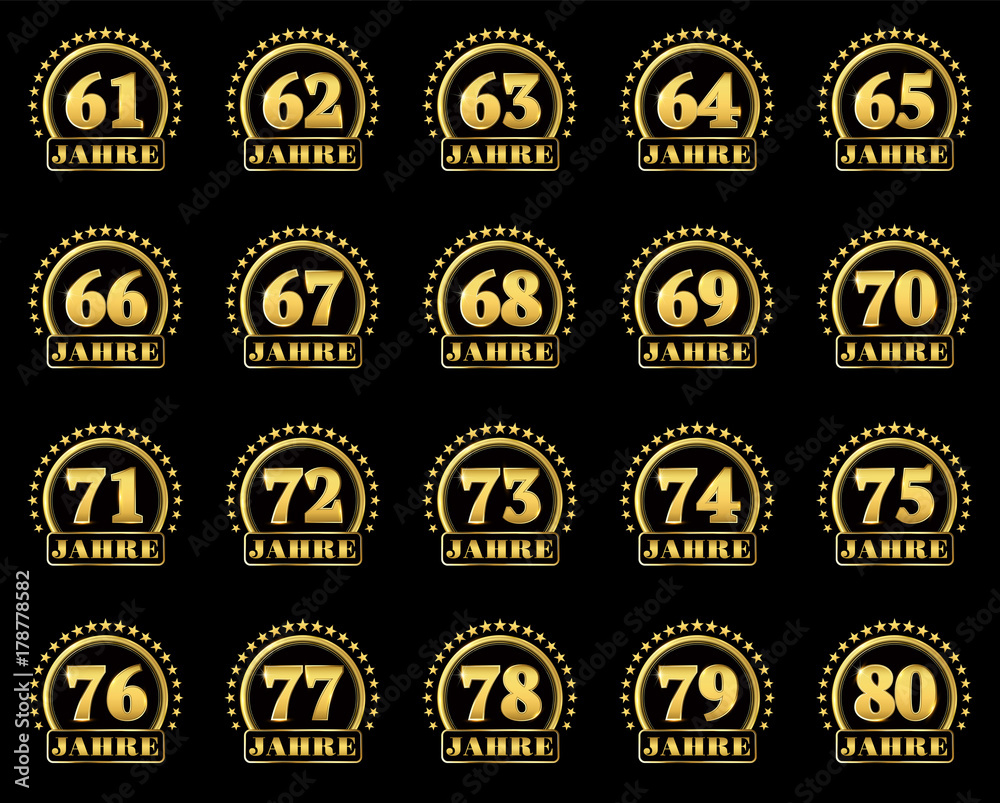 Set of gold numbers from 61 to 80 and the word of the year decorated with a circle of stars. Vector illustration. Translated from German - Years
