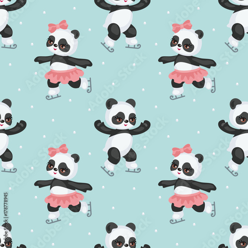 Fototapeta Naklejka Na Ścianę i Meble -  Seamless pattern with the image of a cute Panda in a cartoon style. Children vector background.