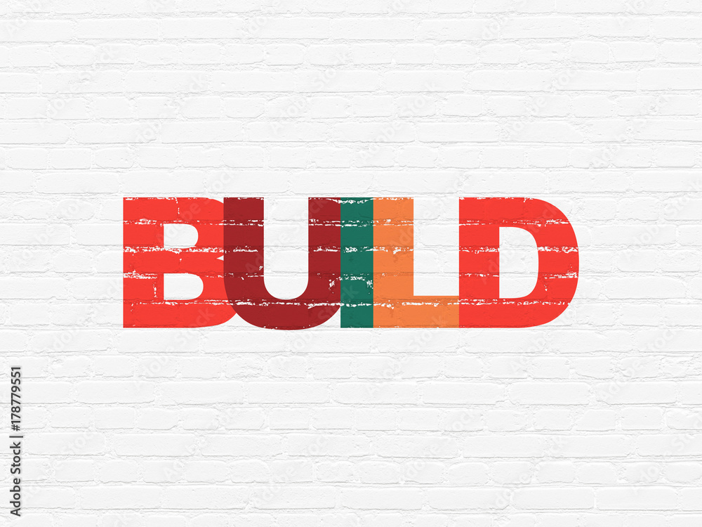 Obraz premium Constructing concept: Painted multicolor text Build on White Brick wall background