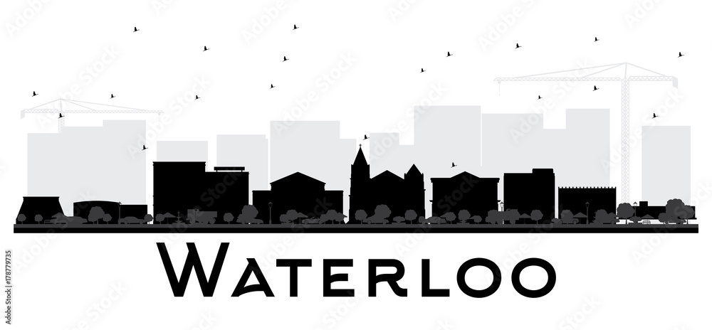 Waterloo Iowa City skyline black and white silhouette.
