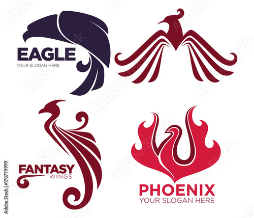 Phoenix bird or fantasy eagle logo templates set for security or innovation company.