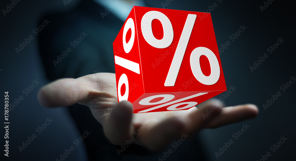 Businessman using white and red sales flying icons 3D rendering Businessman using white and red sales flying icons 3D rendering