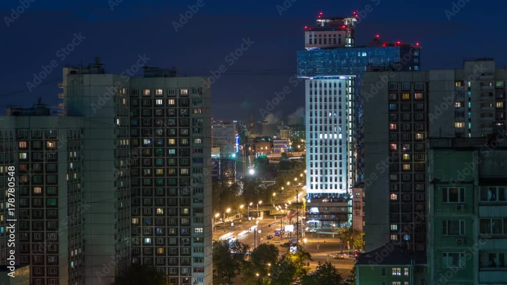 Night Moscow cityscape from rooftop timelapse. Residential buildings at night. Night view from the roof Night Moscow cityscape from rooftop timelapse. Residential buildings at night. Night view from the roof