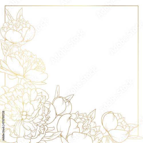 Fototapeta Naklejka Na Ścianę i Meble -  Rose peony flowers foliage bouquet. Border frame with decorated corner. Bright shiny golden gradient light reflection on white background. Wedding marriage invitation card element template.