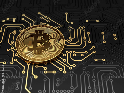 Golden bitcoin on circuit board, cryptocurrency concept. 3d illustration. photo