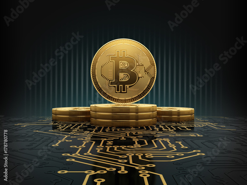 Golden bitcoins standing on circuit board, cryptocurrency concept. 3d illustration.